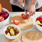 JOYMAY Salad Bowls, Mixing Bowl Salad Bowl Set, Natural Bamboo Fiber Serving Bowl Set of 3 with Bamboo Wood Lid, Nesting Bowls for Salads,Pastas(White,10",8",6")