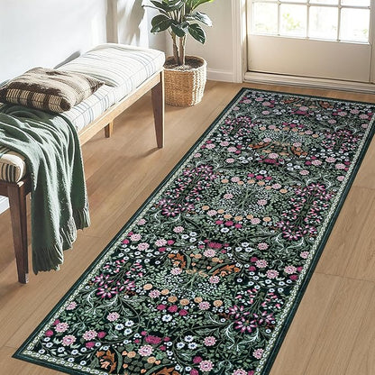 PLHXFR 2x5 Washable Runner Rug：Floral Indoor Kitchen Carpet Dark Green | - Image 3