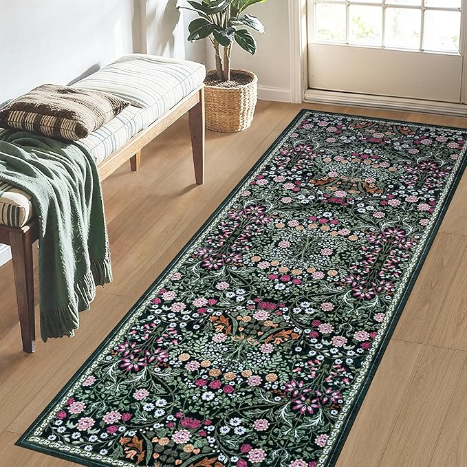 PLHXFR 2x6 Washable Runner Rug：Floral Indoor Kitchen Carpet Dark Green | - Image 3