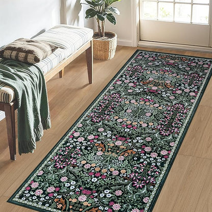 PLHXFR 2x6 Washable Runner Rug：Floral Indoor Kitchen Carpet Dark Green | - Image 3
