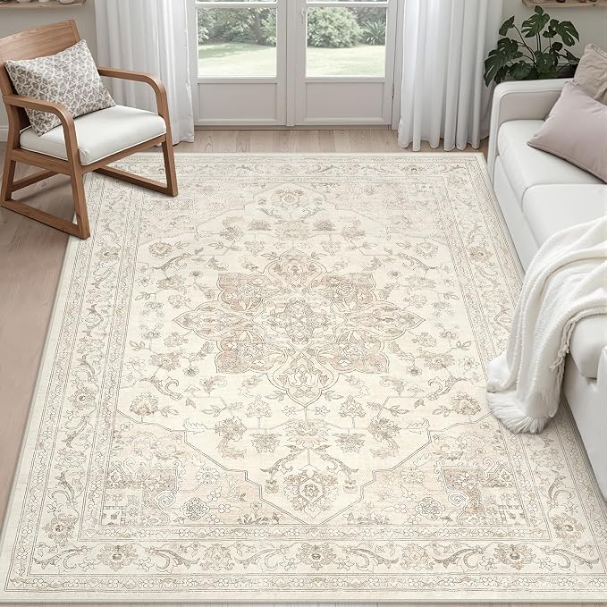 4x6 Area Rugs Living Room: Bedroom Washable Carpet Beige White | Vintage Boho by Luxturiy