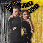 BRAVESHINE Black Gold Foil Fringe Curtain Backdrop - 2 Pack 3.2 x 8.2 ft Metallic Tinsel Photo Booth Streamers Curtains for 50th Birthdays Christmas New Years Anniversary Graduates Party Decorations