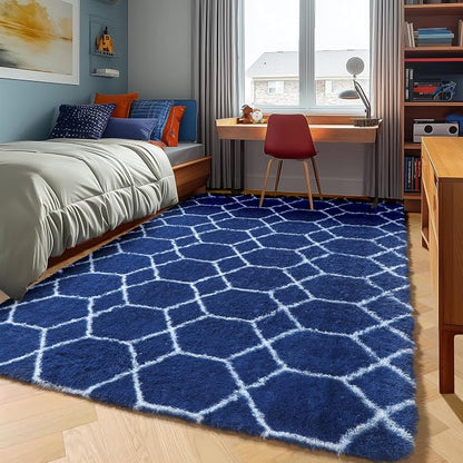 7x9 Area Rugs for Living Room Bedroom, Fluffy Navy Blue and White Boys Rug | - Image 7