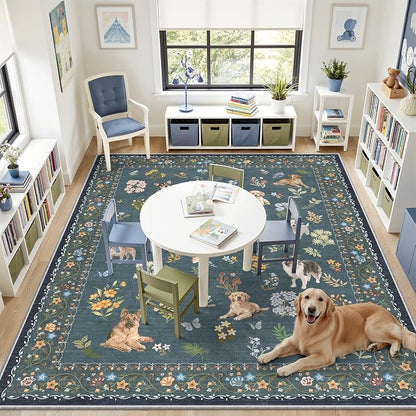 Soalmost Dog 8x10 Area Rugs for Living Room, Washable Soft Rug Navy Blue | - Image 2