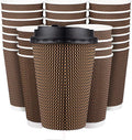 Promora Brown Disposable Coffee Cups With Lids 16 oz, Premium Insulated Paper Ripple Cups for Hot Coffee (80 Pack)