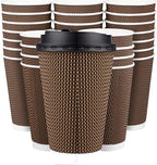 Promora Brown Disposable Coffee Cups With Lids 16 oz, Premium Insulated Paper Ripple Cups for Hot Coffee (80 Pack)