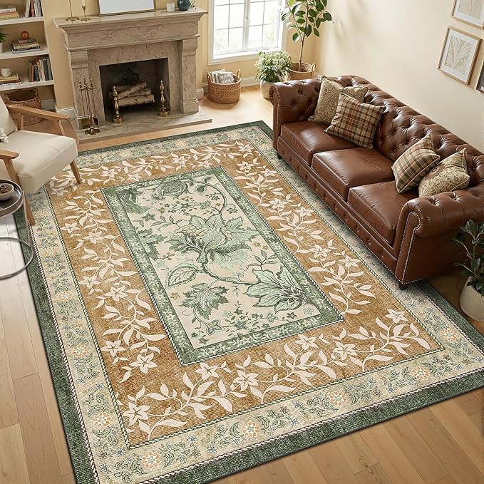 GarveeHome Terracotta Olive Sage Green Washable 5x7 Area Rugs, Botanical Grove - Image 3