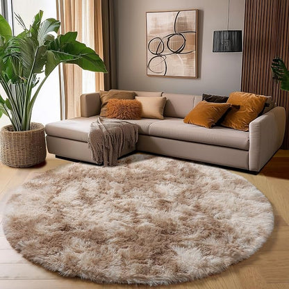 Amdrebio Beige Tan Round Small Area Rug 4Ft - Image 4