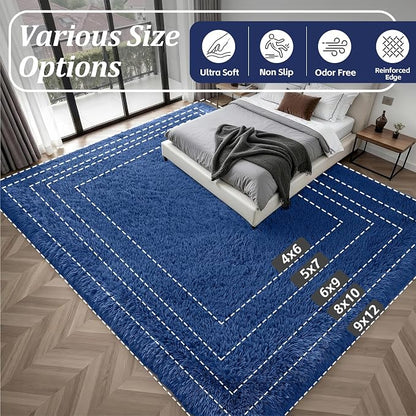 Area Rug Living Room Bedroom: 4x6 Fluffy Plush Shag Carpet Blue | - Image 9