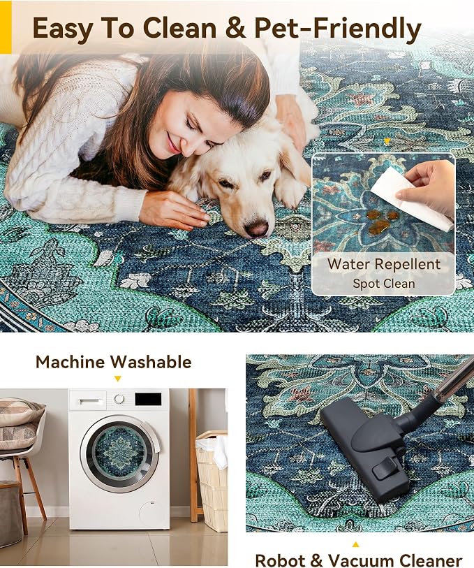 RELEANY Washable Area Rug, Round 10ft, Teal | Non-Slip, Water Repellent - Image 5