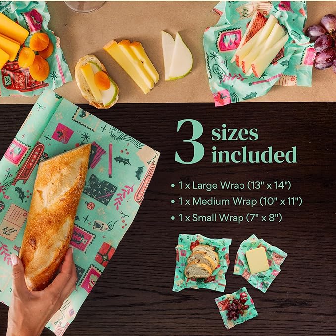 Bee's Wrap Beeswax Wraps for Food - Made in USA Reusable & Organic Food Wraps, Sandwich Wrap & Bowl Covers - Eco-Friendly Alternative to Aluminum Foil, Seasons Greetings 3 Pack (S, M, L)