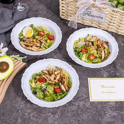 DaYammi 30 Pack Plastic Bowls with Silver Rim, 12oz Disposable Soup Bowls, Heavy Duty Dinner Bowls for Weddings, Parties, Dinners, Catering and Everyday Use