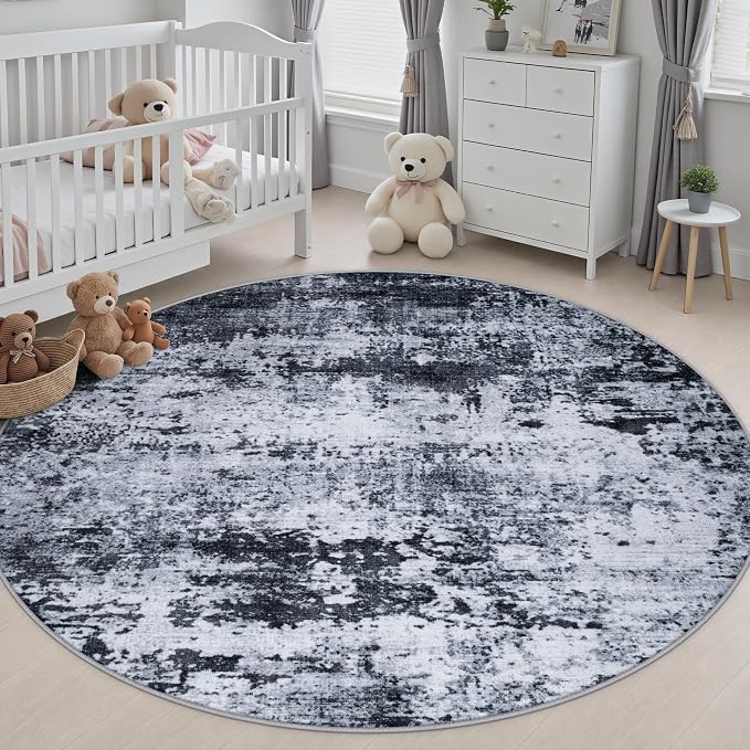 Round Area Rug Living Room: 5 ft Modern Washable Carpet Black | - Image 4