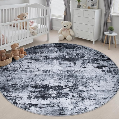 Round Area Rug Living Room: 5 ft Modern Washable Carpet Black | - Image 4