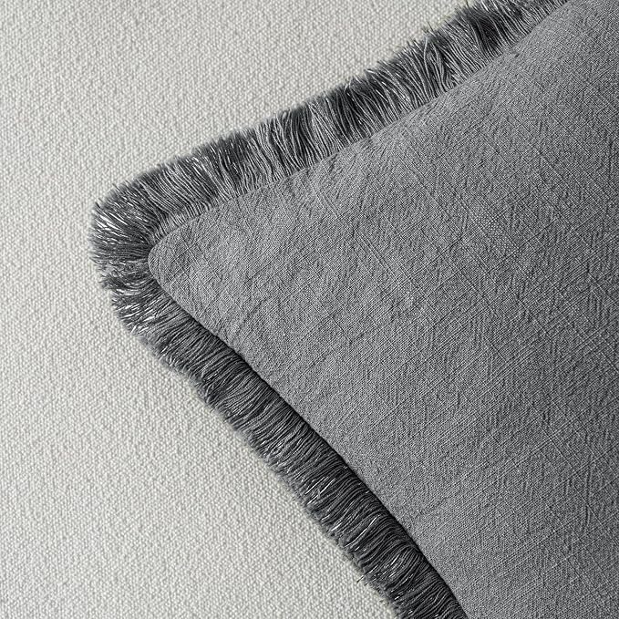 MIULEE Boho Linen Fringe Decorative Throw Pillow Covers Grey 18x18 | Set of 2 - Image 3