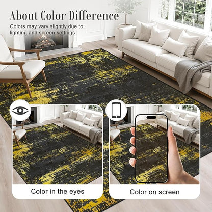 10x12 Area Rug Living Room: Modern Washable Soft Carpet Black Gold | - Image 6