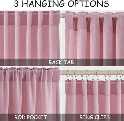 Rose Linen Curtains 90 Inch Long 2 Panels Set Back Tab Rod Pocket Semi Sheer - Image 2