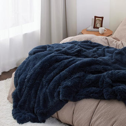 Bedsure GentleSoft Fluffy Navy Blue Blankets Queen Size - Image 4