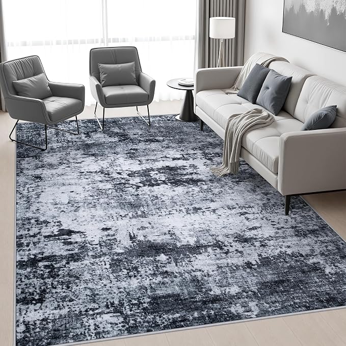 Area Rug Living Room: 4x6 Modern Washable Indoor Carpet Black | - Image 4