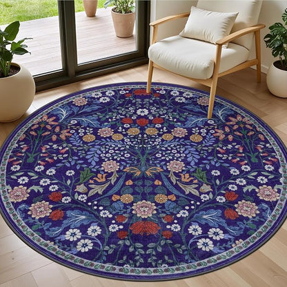 PLHXFR Round Area Rug Living Room: 4 ft Floral Washable Soft Carpet Blue | by PLHXFRSoftAreaRugs
