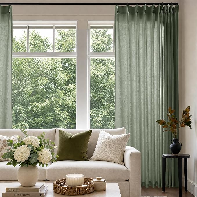 Olive Green Extra Wide Pinch Pleated Curtains 84 Inches Long Linen | Semi Sheer by DUKIYO