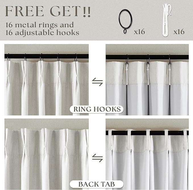 Beige White Pinch Pleat 100% Blackout Linen Curtains 2 Layers 45 Inch Long | - Image 6