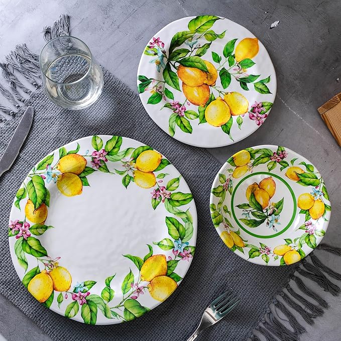 LEHAHA Melamine Dinner Plate Set of 6, 11” inch Lemon Plates Set, BPA Free, Lightweight and Break Resistant, Great for Parties, RVs, Picnic and Camping Trailer, Dishwasher Safe