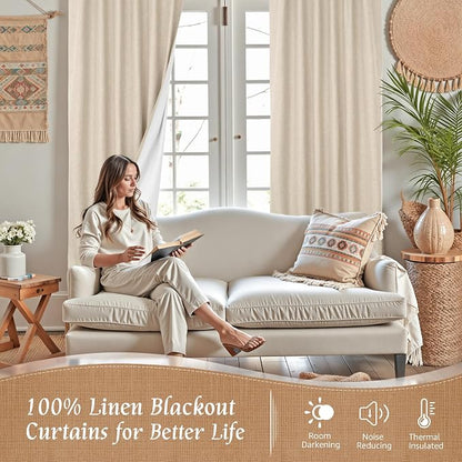 100% Blackout Short Linen Curtains 48 Inches Long, 2 Panels, Linen | Thermal - Image 2