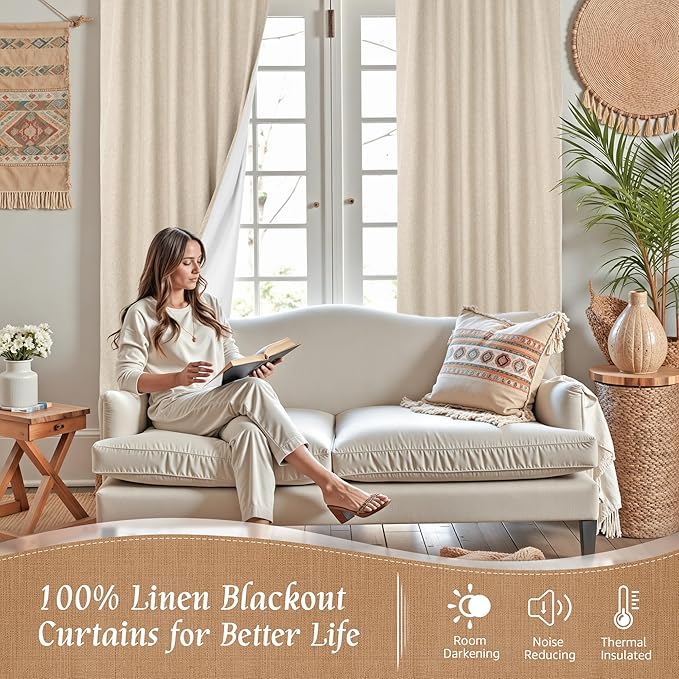 72 Inches 100% Blackout Natural Linen Curtains - Image 3