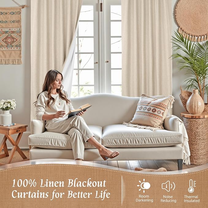 100% Blackout Natural Linen Curtains 80 Inches - Image 2