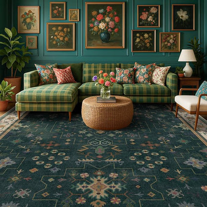 Dark Green Vintage 8x10 Washable Rugs by HazoHaus
