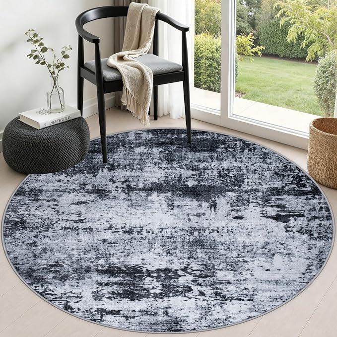 Round Area Rug Living Room: 4 ft Modern Washable Carpet Black | by FXRHLP