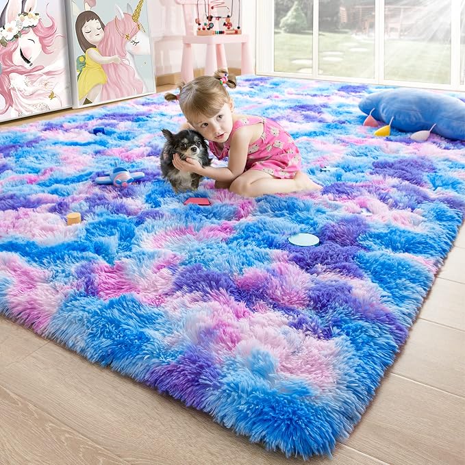 4x6 Tie-Dyed Blue Purple Pink Fluffy Area Rug Non-Slip by ModernHomeDecor