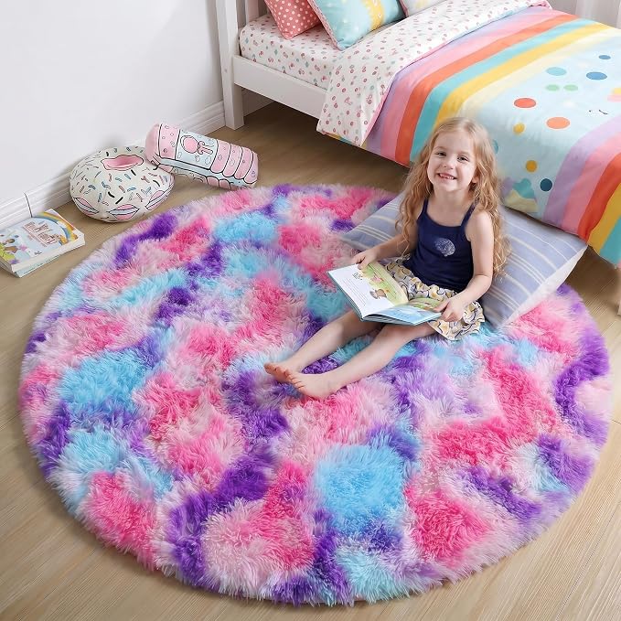 Amdrebio Pink Blue Purple Fluffy Area Rug 5Ft by Amdrebio