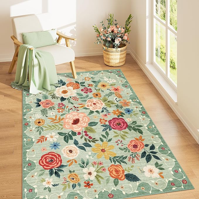 DUKINO 4x6 Area Rug, Floral Washable Rug Non Slip Office Chair Mat, Stain by DUKINO