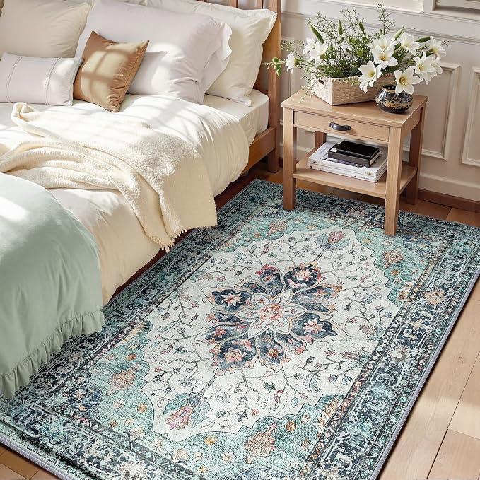 RELEANY Washable Area Rug, Teal Green/White/Navy | Non-Slip, Water Repellent by RELEANY