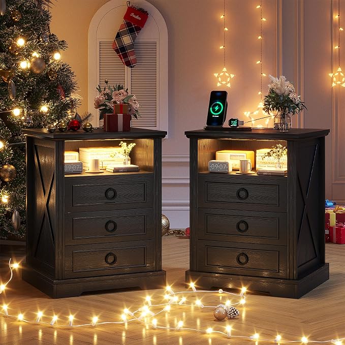 Nightstand with Charging Station, Farmhouse End Side Table with 3 Drawers and - Image 8