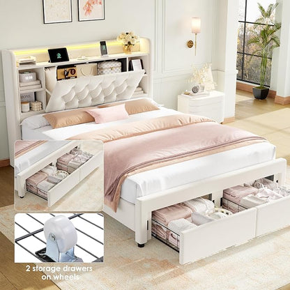 Full Bed Frame with Drawers, Hidden-Cubby & Shelves Storage Headboard with - Image 5
