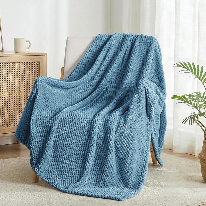 Exclusivo Mezcla Soft Waffle Fleece Bed Blanket Twin Size, Slate Blue | - Image 4