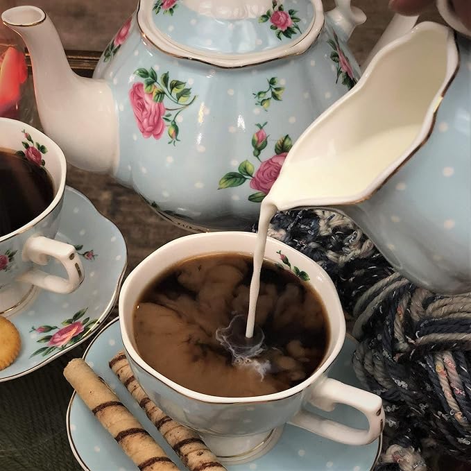 BTaT- Floral Tea Sets for Adults, 13 pcs, Service for 4, Pot (38 oz) & Cups (8 oz) with Saucers, Pastel Blue Floral Design, Porcelain Tea Set for Adult, Dishwasher Safe