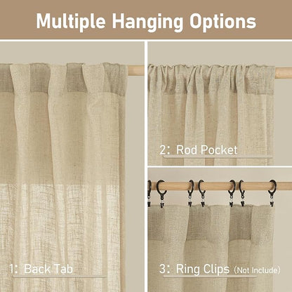 Semi Sheer Linen Curtains 60 Inch Length, Light Filtering Panels | Window - Image 3