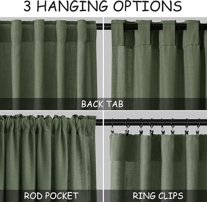 Olive Green Linen Sheer Curtains 96 Inches Long 2 Panel Set Back Tab Rod Pocket - Image 2