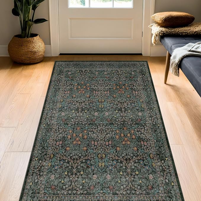 Dark Green Washable 3x6 Runner Rug by HazoHaus