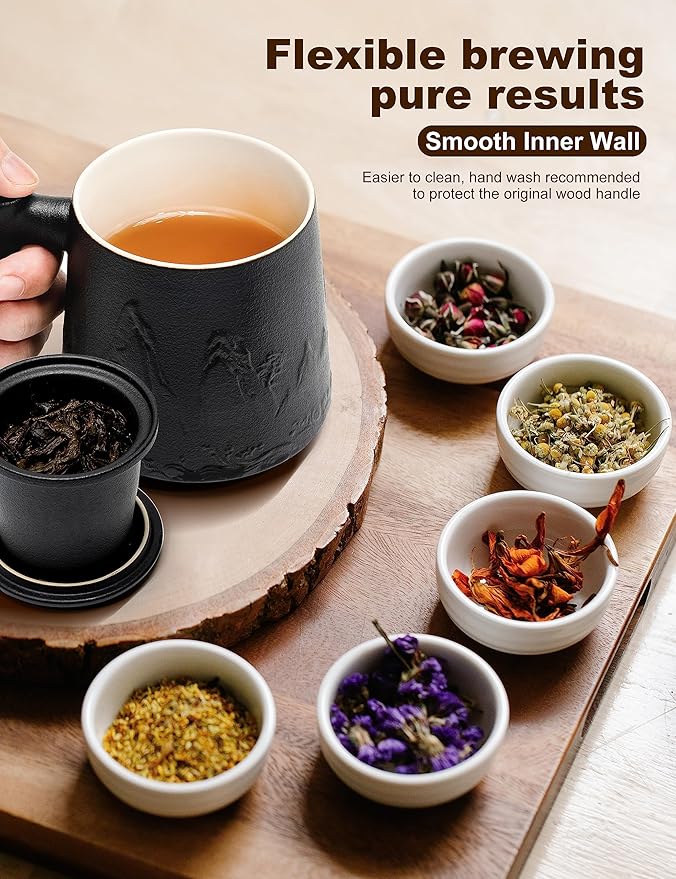 suyika Ceramic Tea Cup with Infuser and Lid, Gradient Embossed Large Tea Mug Wooden Handle for Steeping Loose Leaf, Tea Lover Gifts 15.2 oz / 450 ml,Matte Black