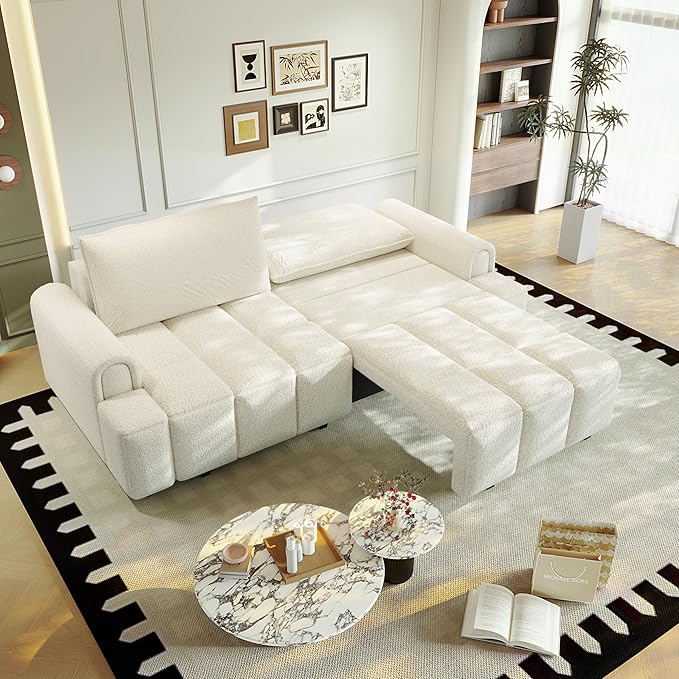 KEIKI 90.2" 4-Seater Modern Convertible Sofa Bed – Teddy Fabric Couch - Image 4