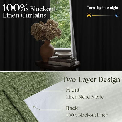 108 Inch Olive Green Linen Pinch Pleated Blackout Curtains Dual Layer | 100% - Image 2