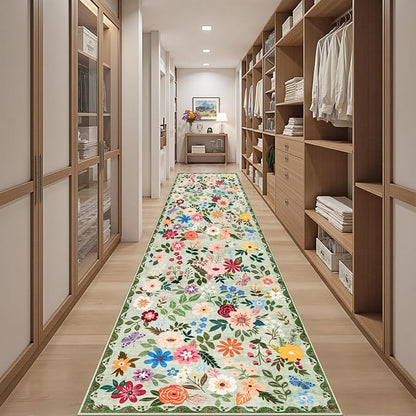 PLHXFR 2.6x14 Washable Runner Rug：Floral Indoor Kitchen Soft Carpet Green | - Image 5