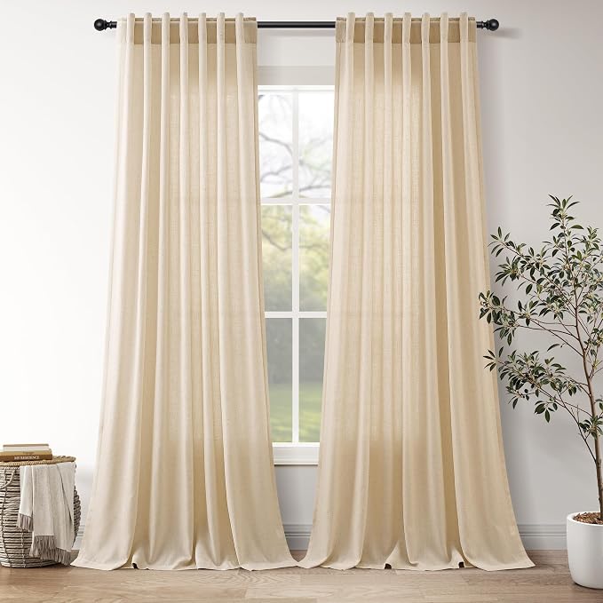 Tan Linen Curtains 90 Inch for Living Room Rod Pocket Back Tab Window Drapes by Nanspring