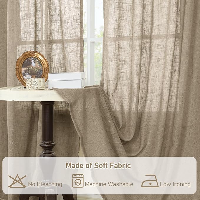 Linen Curtains 60 Inch Length 2 Panels, Light Filtering Sheer Panels | Faux - Image 8