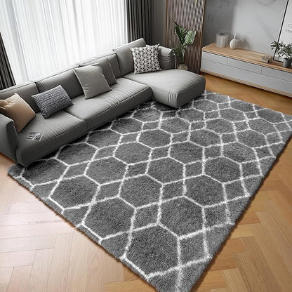 5x7 Area Rugs for Living Room Bedroom, Fluffy Grey and White Geometric Rug | - Image 8